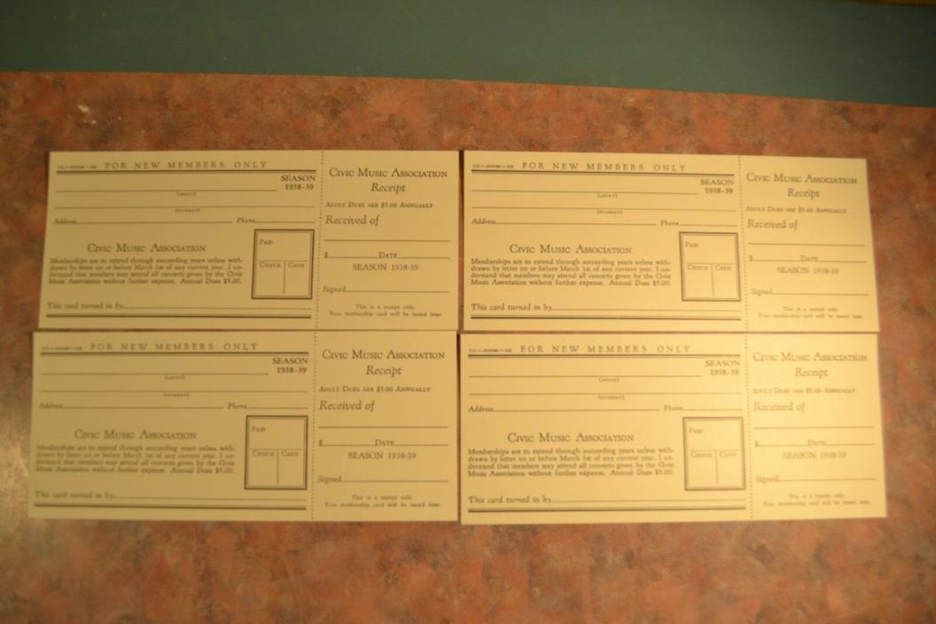 4 New Member Forms, Civic Music Association Receipts 1938-39 Season Unfilled