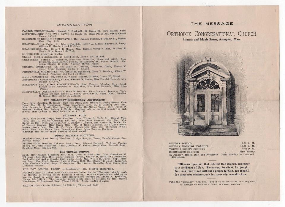 1925 EASTER SUNDAY BULLETIN Arlington Massachusetts ORTHODOX CONGREGATIONAL Mass