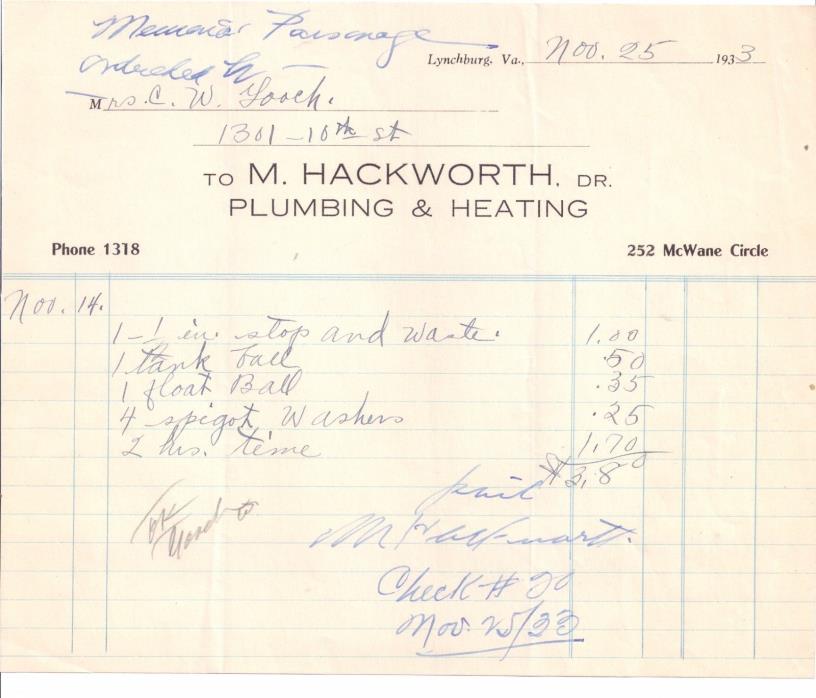 1933 M. HACKWORTH Plumbing & Heating MCWANE CIRCLE Lynchburg Virginia