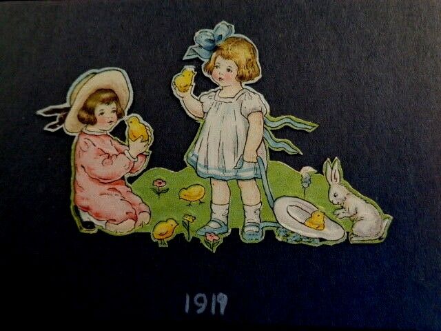Pretty 1919 Die Cut Embossed Scrap - Girls and Easter Chick Rabbit