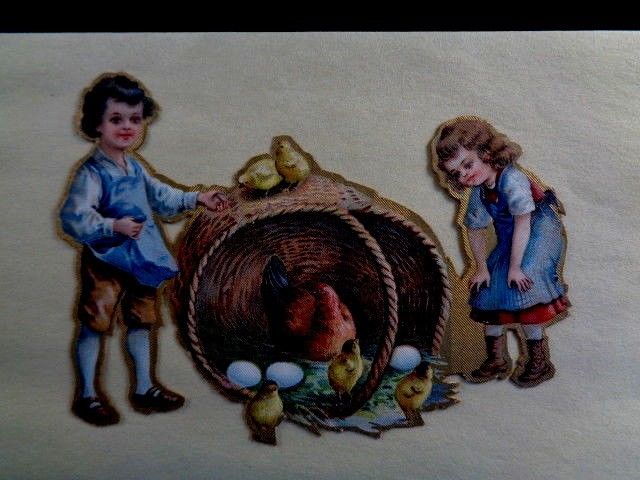Pretty 1919 Die Cut Embossed Scrap - Boy and Girl with Hen and Chicks
