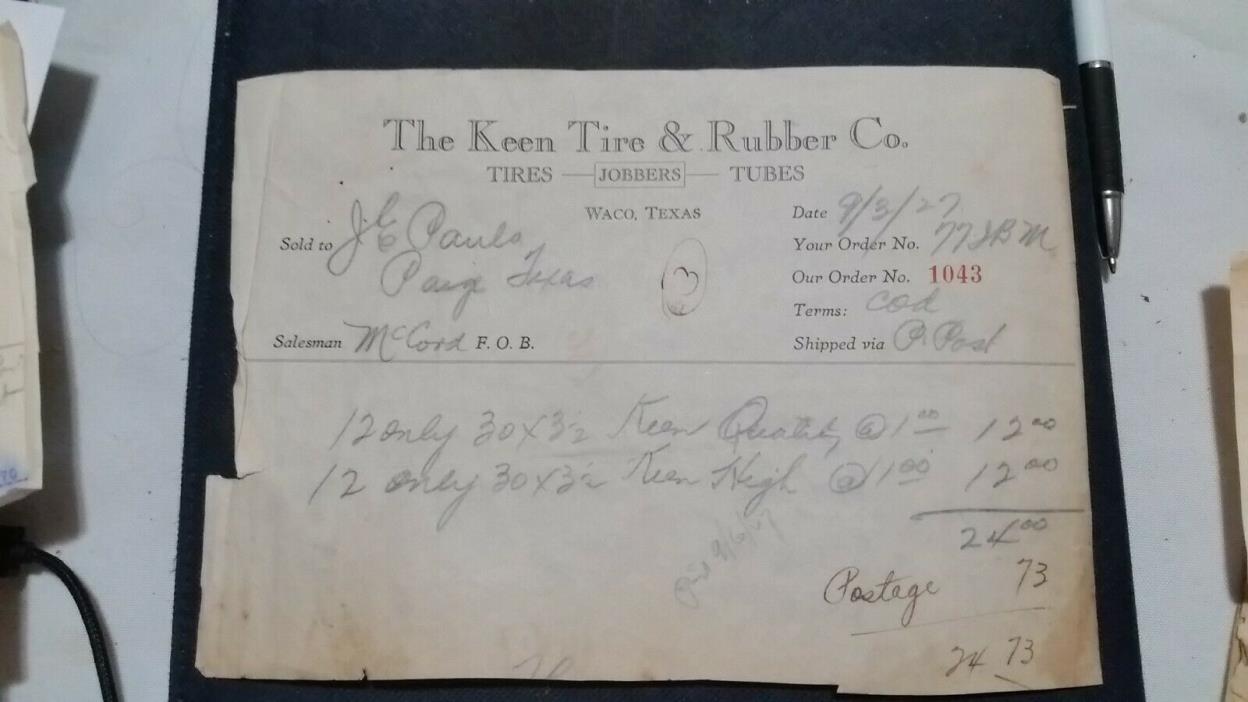 1927 Waco Texas Billhead Letterhead The Keen Tire & Rubber Co Tires Tubes