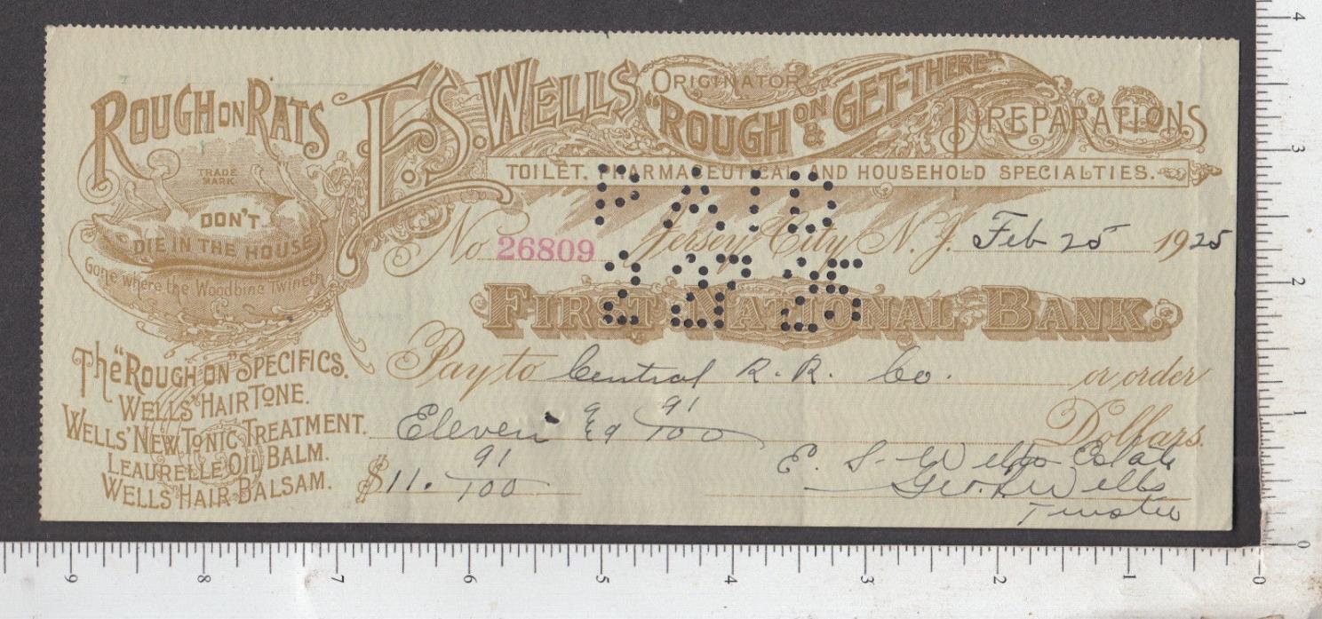 9116 E. S. Wells Rough on Rats 1925 bank check Jersey City, NJ, Central Railroad