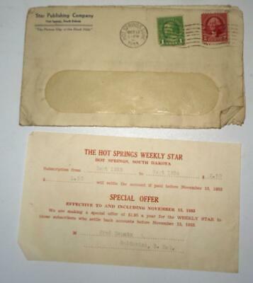 1933 subscription Bill Hot Springs Weekly Star Publishing  Envelope South Dakota