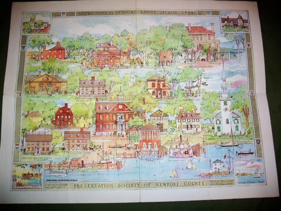 Vintage 1957 Wallis E. Howe Poster Map Newport Rhode Island 1675 1895 RI