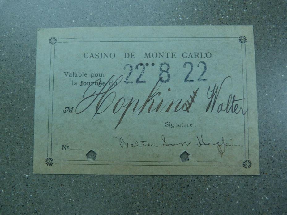 Vintage 1922 Casino De Monte Carlo  Admission Ticket.  Monte Carlo Casino.