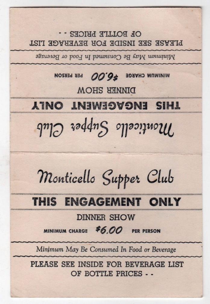 1950s MONTICELLO SUPPER CLUB Framingham Massachusetts LIQUOR Whiskey BOTTLE LIST