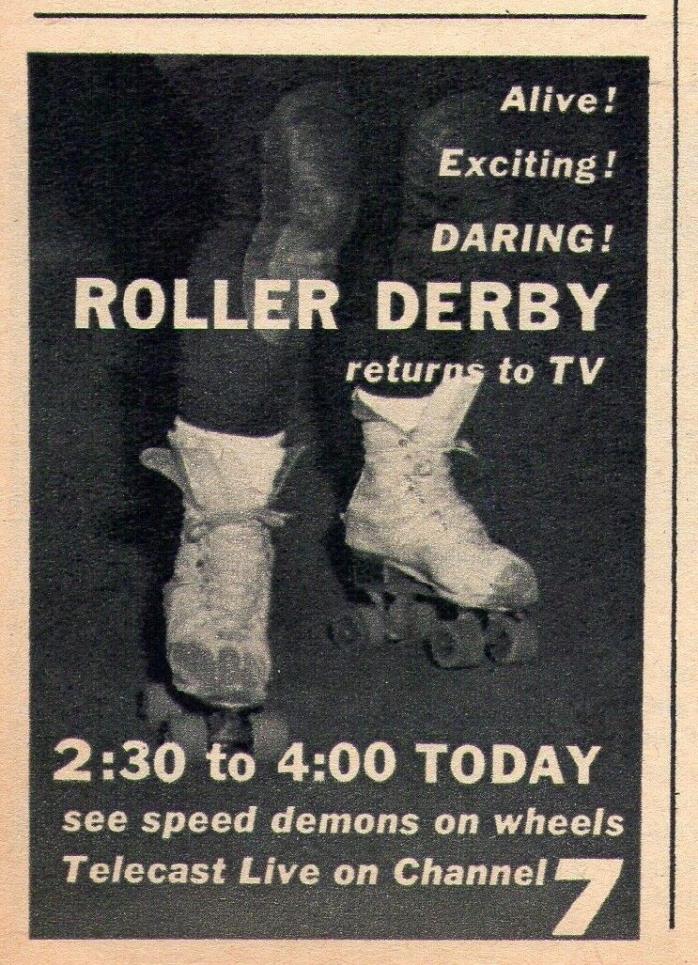 1958 ROLLER DERBY TV AD~SPEED DEMONS ON WHEELS~QUADS SKATES~DARING & EXCITING