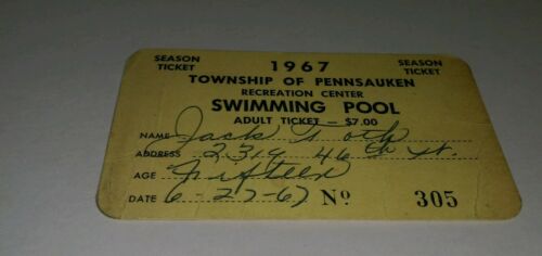 1967 Season Ticket Township Of Pennsauken New Jersey Recreation Center Pool RARE