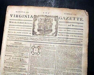 VIRGINIA GAZETTE Very Rare Colonial Williamsburg VA Pre Rev. War 1775 Newspaper