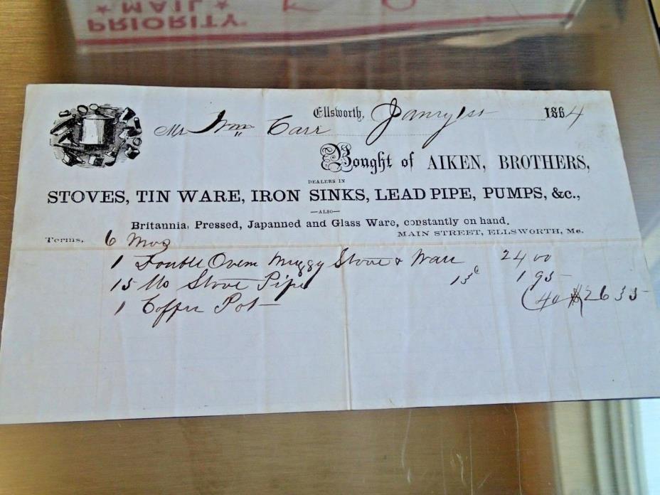 1864 Aiken Brothers Stoves Tin Ware Iron Sinks Lead Pipe Pumps Billhead