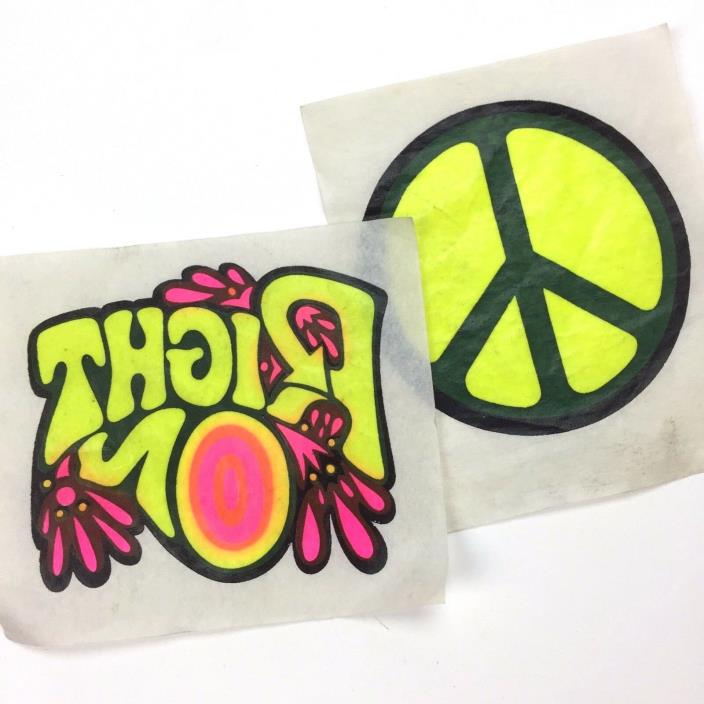 Vintage Iron-Ons, Day-glow RIGHT ON Peace Symbol, Paper Vellum T-shirt Transfer