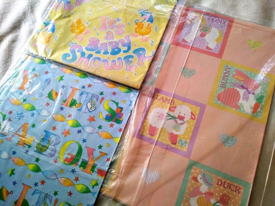 Vintage BABY SHOWER Gift Wrapping Paper 3 Packs Boy Girl Unisex Blue Pink Yellow