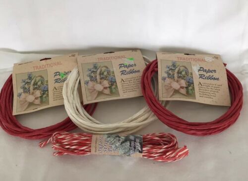 Lot of 4 Red And White Twisted Paper Ribbon, New Condition w/original Label