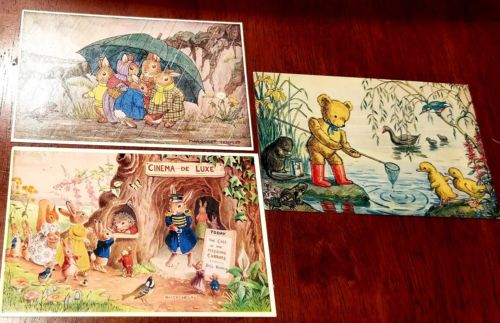 Three Vintage Postcards Bunnies, Teddy Bears Ducks SH 2007