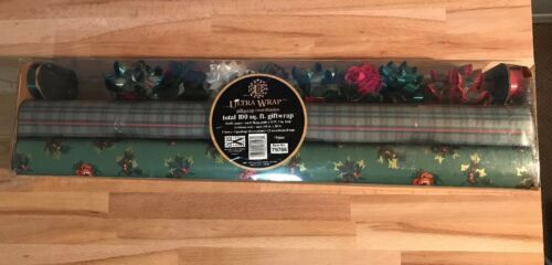 VTG Christmas Gift Wrapping Paper green 4 Roll Set with Bows Ribbon Decorations