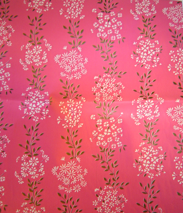 Vintage 1960's Gift Wrapping Paper Flowers Pink with White and Gold Flowers