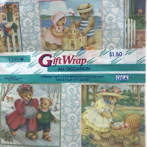VTG teddy bears birthday any occasion Gift Wrap wrapping paper folded 2 sheets