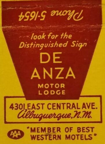 Vintage matchbook cover De Anza Motor Lodge Albuquerque New Mexico. C8