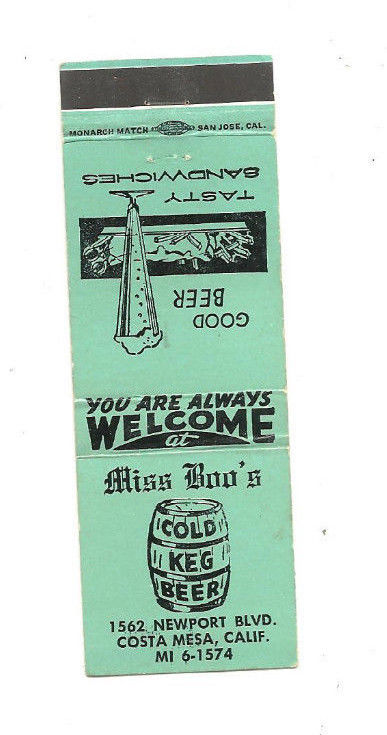 1940s 1950s MISS BOO'S BEER BAR TAVERN COSTA MESA CA MATCHBOOK COVER MATCHCOVER