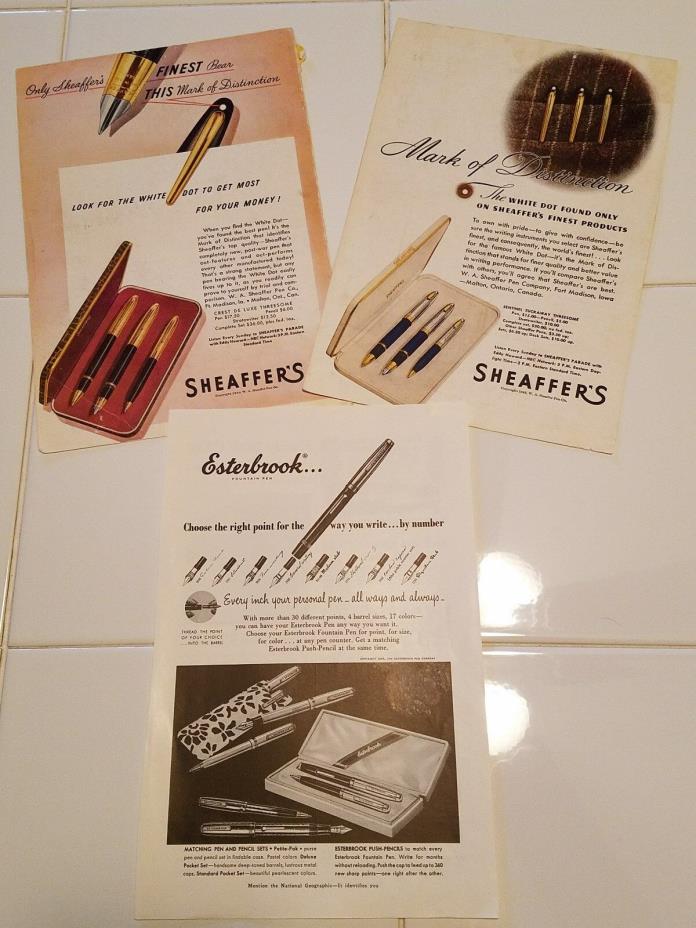 Vintage Esterbrook and Sheaffer's Pen Advertisements, Lot of 3