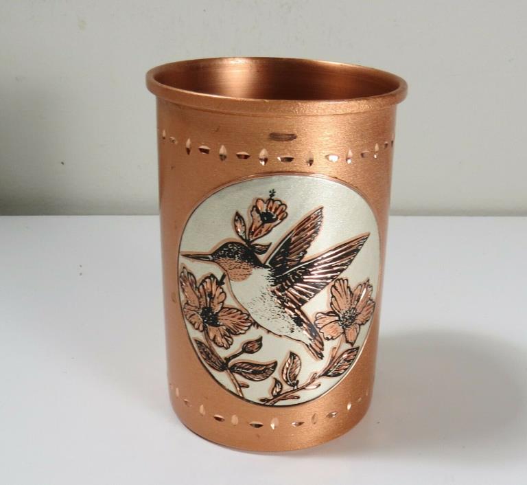 Etched Copper Pencil Pen Cup w Painted & Etched Hummingbird