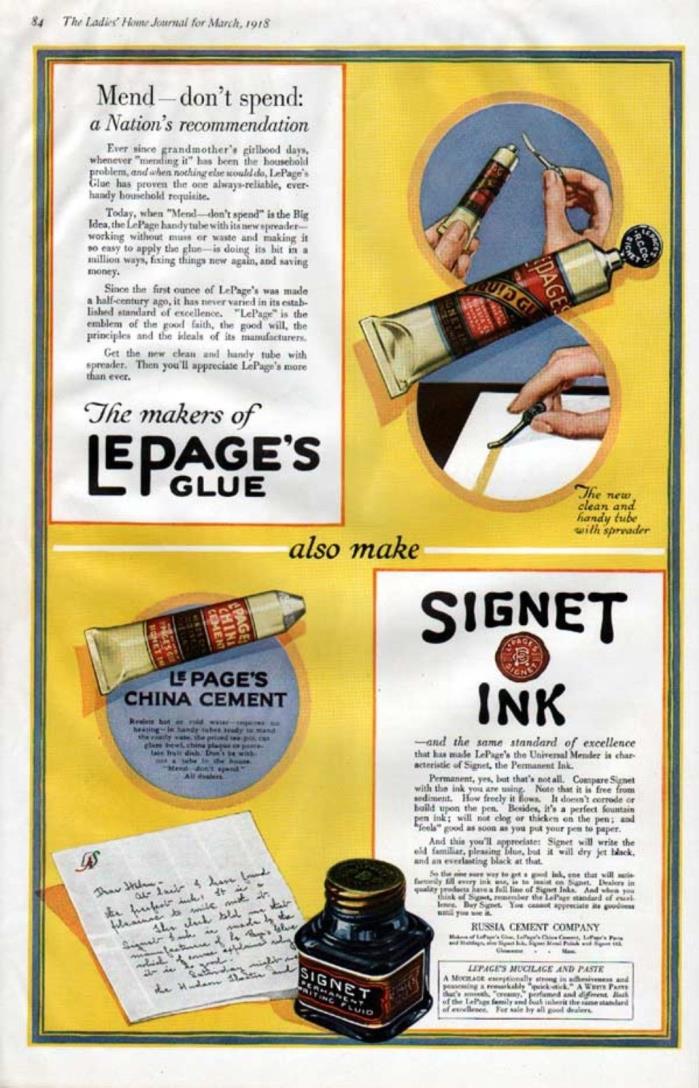 1918 LEPAGE'S GLUE SIGNET INK WRITE HOBBY CRAFT PEN ART