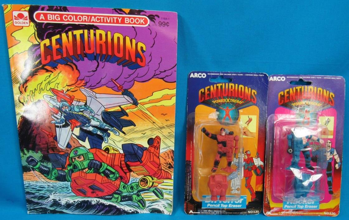 Centurions Lot of 2 on Card Pencil Top Erasers and 1 Coloring book