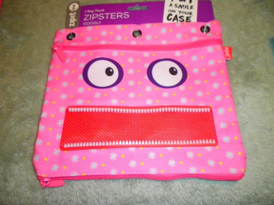 New Silly Zipit Zipsters Googly 3 Ring Pink Zipper Open Teeth Pouch