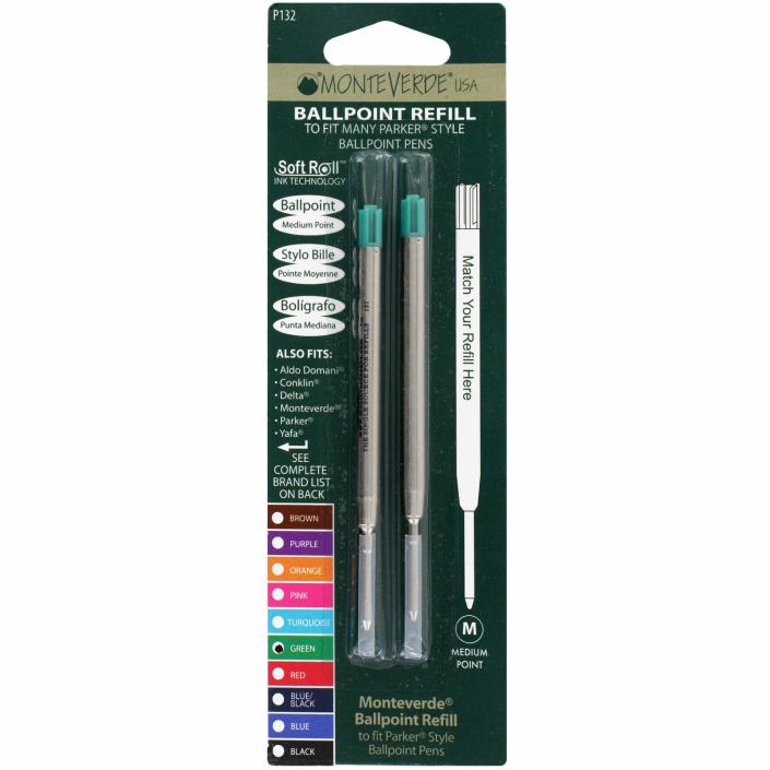 Parker Ballpoint Pen Refills by Monteverde, Medium Point, Green Ink, Pack of 2