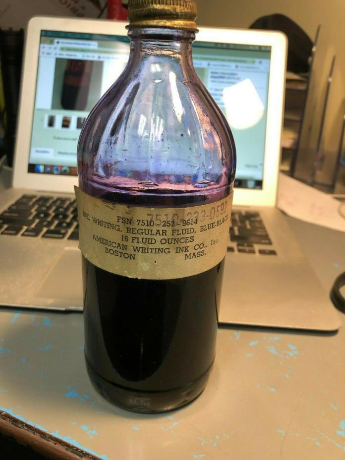 Vtg  American Writing Ink co. Boston Bottle of Blue - black 16 oz bottle
