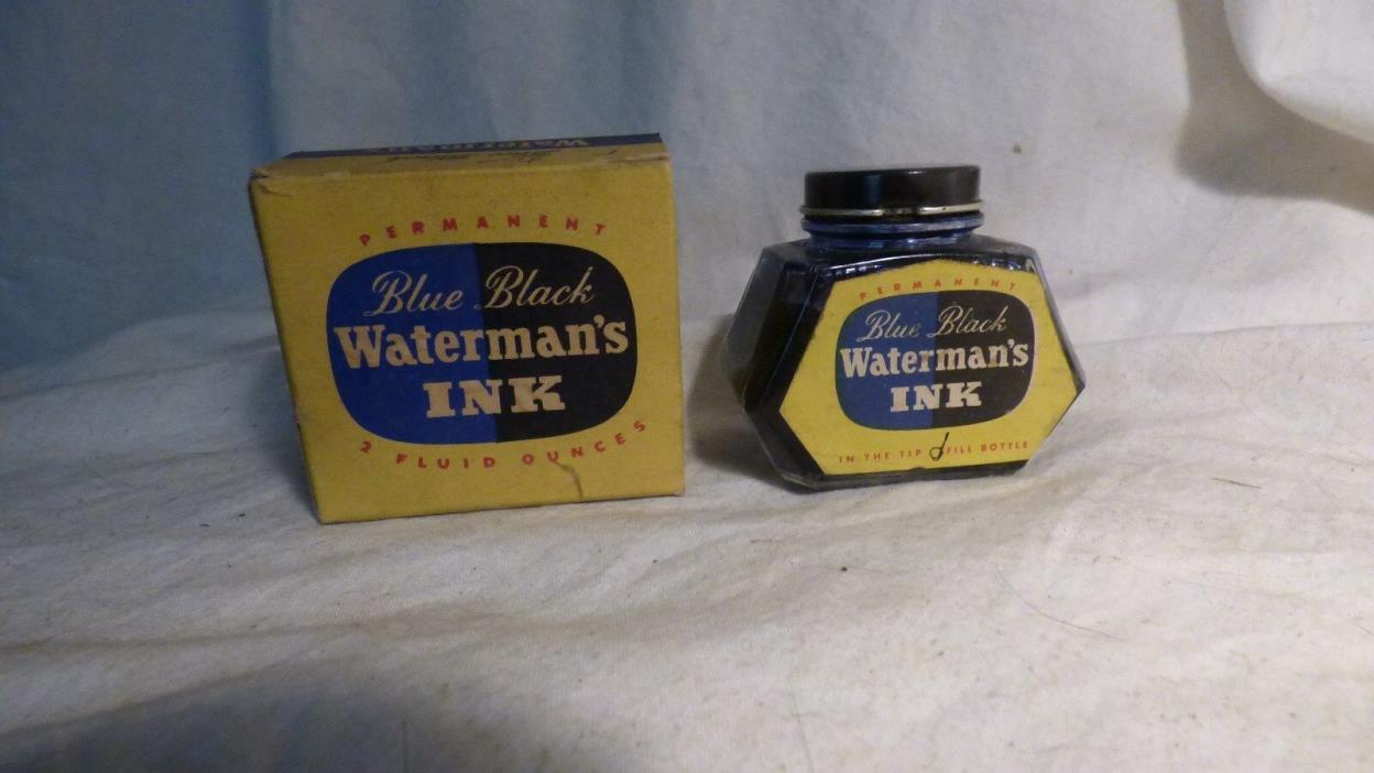 Vintage Waterman's Blue Black 2oz.Full  Ink Bottle with Box-Slightly Used-NOS?