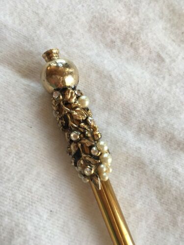 Vintage Ornate Raised Metal Faux Pearls Mechanical Lead Pencil Gold Tone
