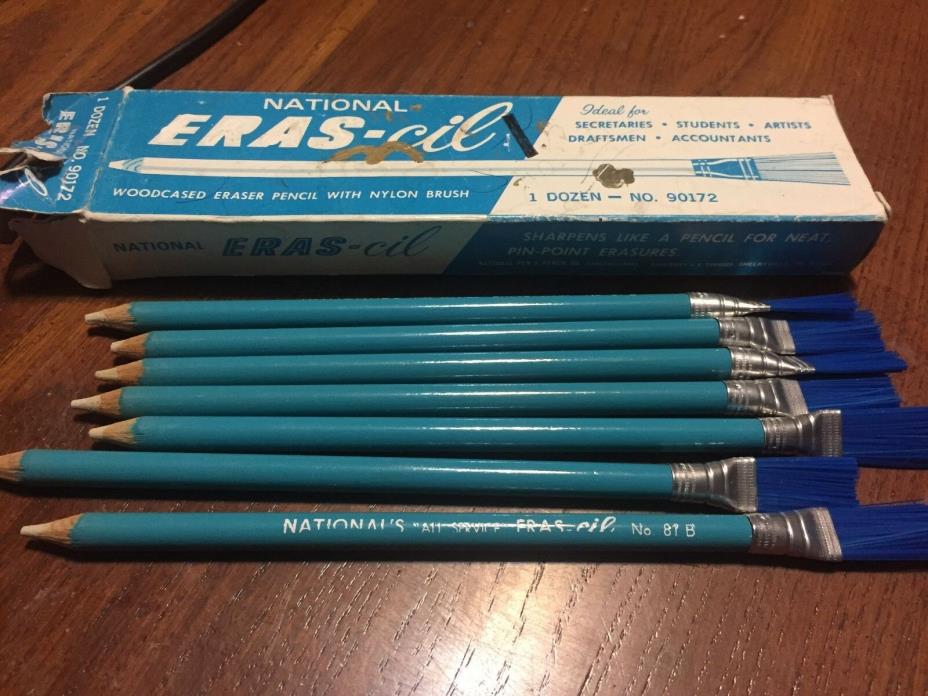 7 National ERAS-cil Woodcased Eraser Pencils w/ Nylon Brush NOS