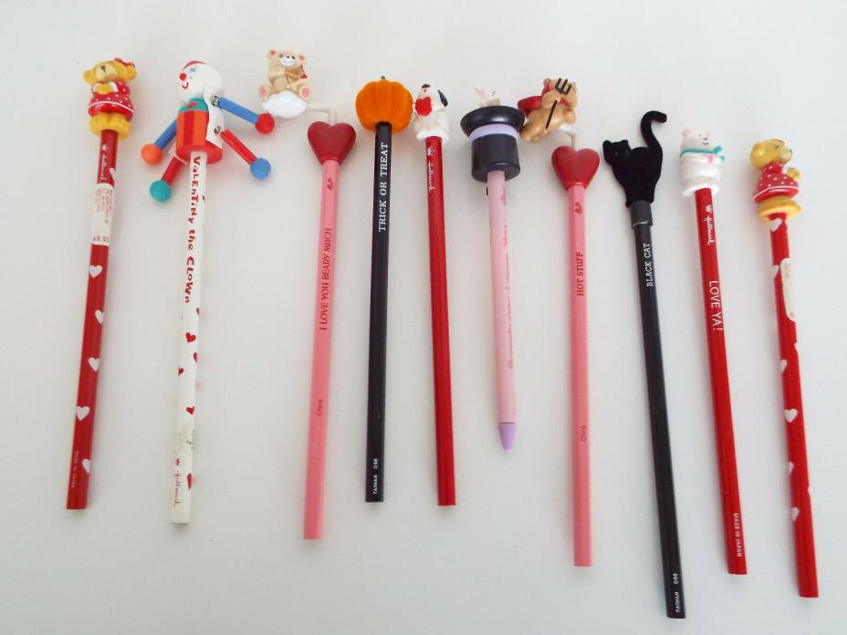 10 PENCILS TOPPERS Hallmark Russ Estate Lot Valentines Halloween Easter Pen NOS