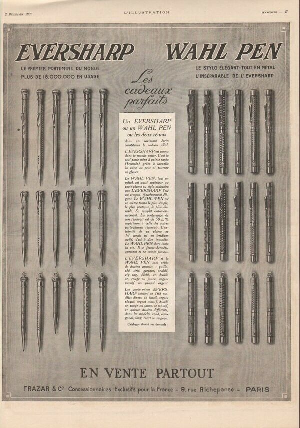 1922 EVERSHARP WAHL PEN PEN PENCIL INK WRITE FOUNTAIN FRAZAR NIB FRENCH  A21528