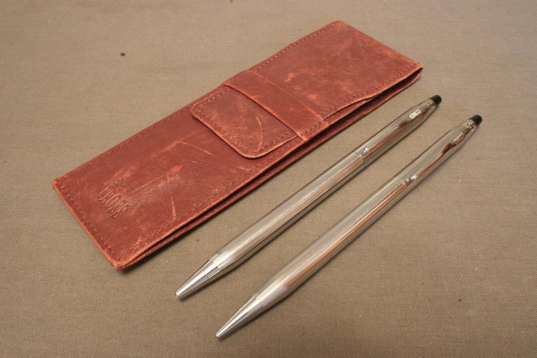 Vintage Cross Chrome Pen & Pencil Set In Distressed Cross Leather Case, Nice