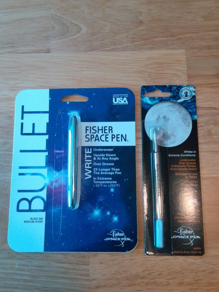 BULLET Fisher Space Pen!~Chrome!~Black Ink!~Solar Eclipse!~Only $19.75 + Bonus!