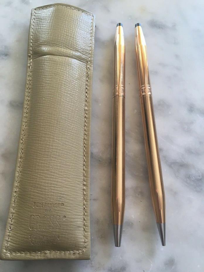 Cross Rolled Pen and Pencil Set ~ 14 Karat Gold Filled in Leather Case