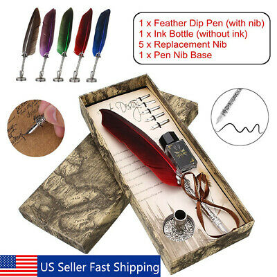 Natural Feather Quill Pen Set Dip Pen and 5pcs Nibs Stainless Steel Gifts Box