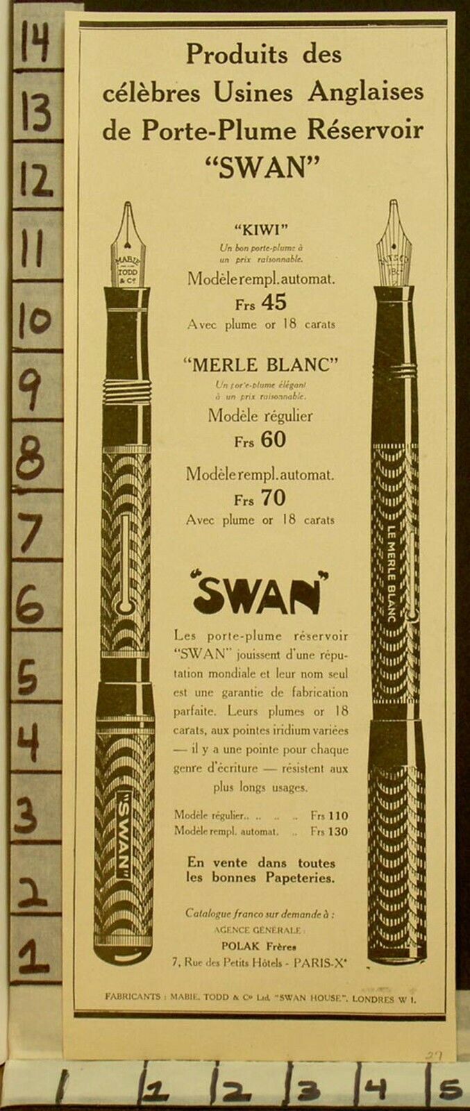 1927 MABIE SWAN FOUNTAIN PEN INK NIB KIWI TIP CLIP ROLLED FRENCH  2285222852