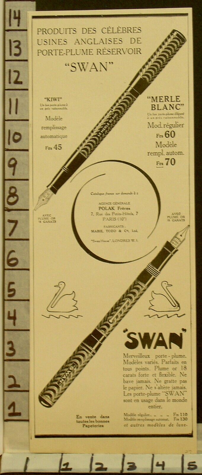 1927 MABIE SWAN FOUNTAIN PEN INK NIB KIWI TIP CLIP ROLLED FRENCH  2285322853