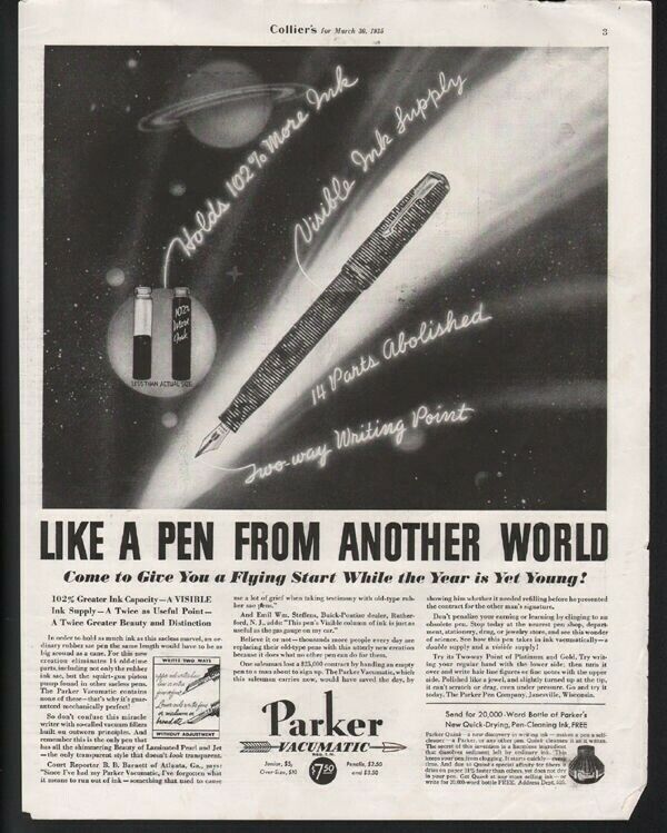 1935 PARKER FOUNTAIN PEN INK VACUMATIC POINT SPACE SATURN SCI-FI ART 22641