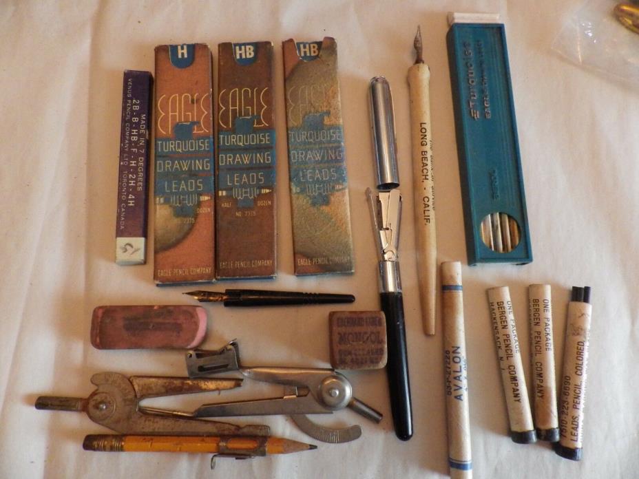 Vintage Lot Fountain Pens, Pen Stapler, Leads, Compass, Erasers