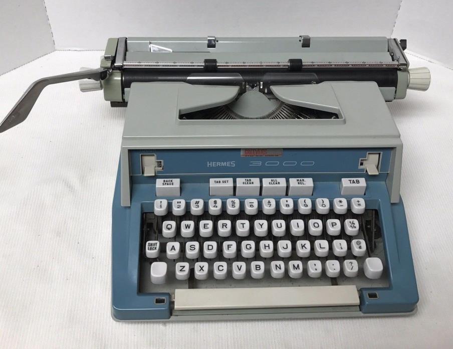 Vtg Hermes 3000 Manual Typewriter Blue & Case