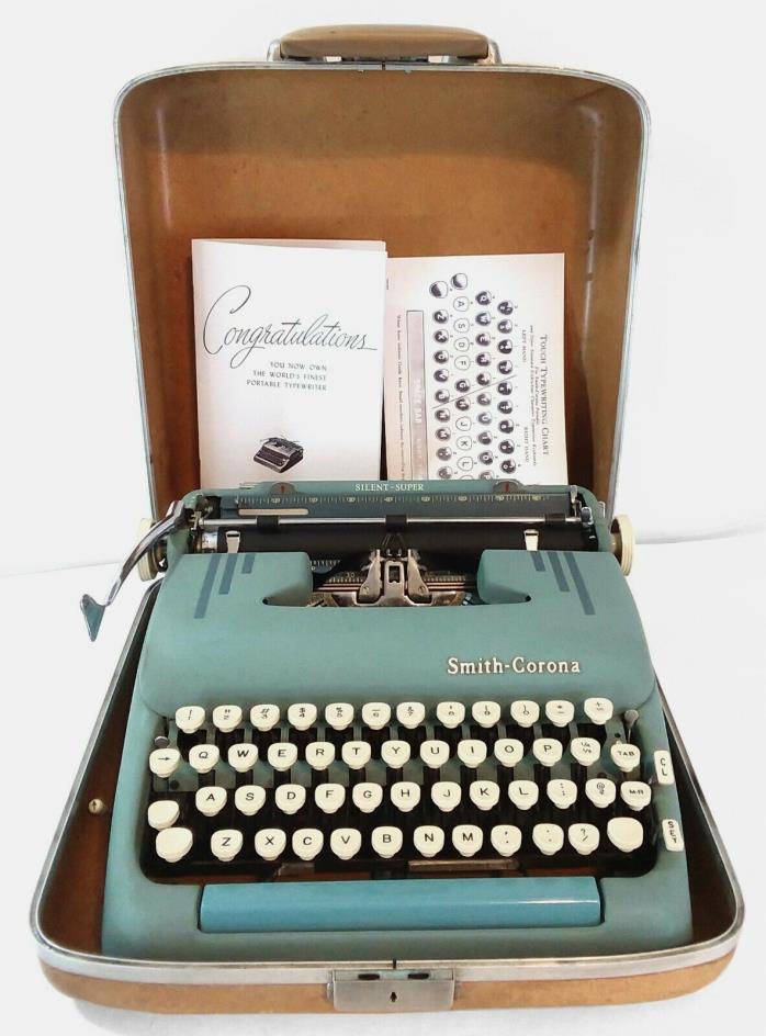 1957 Smith Corona Silent Super Alpine Blue Typewriter W/ Case, Ribbon & Manual.