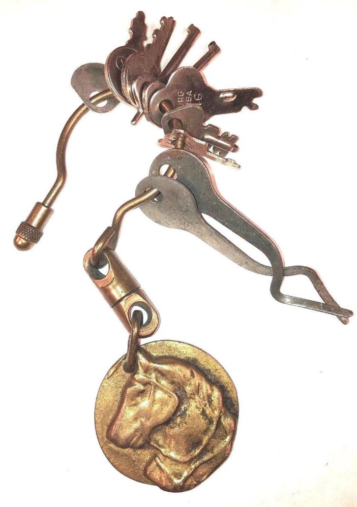 Solid Brass Keychain Key Ring Holder Belt Hook Brass Pendant Horse Head w/ Keys