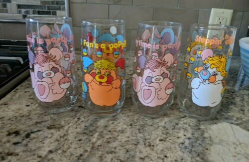 4 Popples Drinking Glass 2 Party, and 1 each P.C.,Puzzle, & Puffball