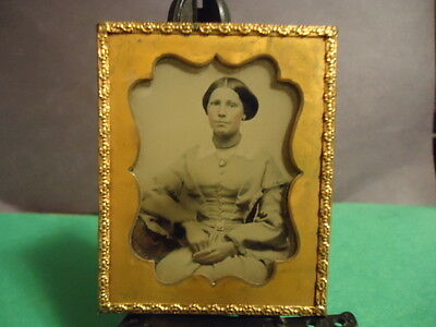 1/9 Ambrotype of Woman w/Hands Claspped With Original Seal in Matting and Frame