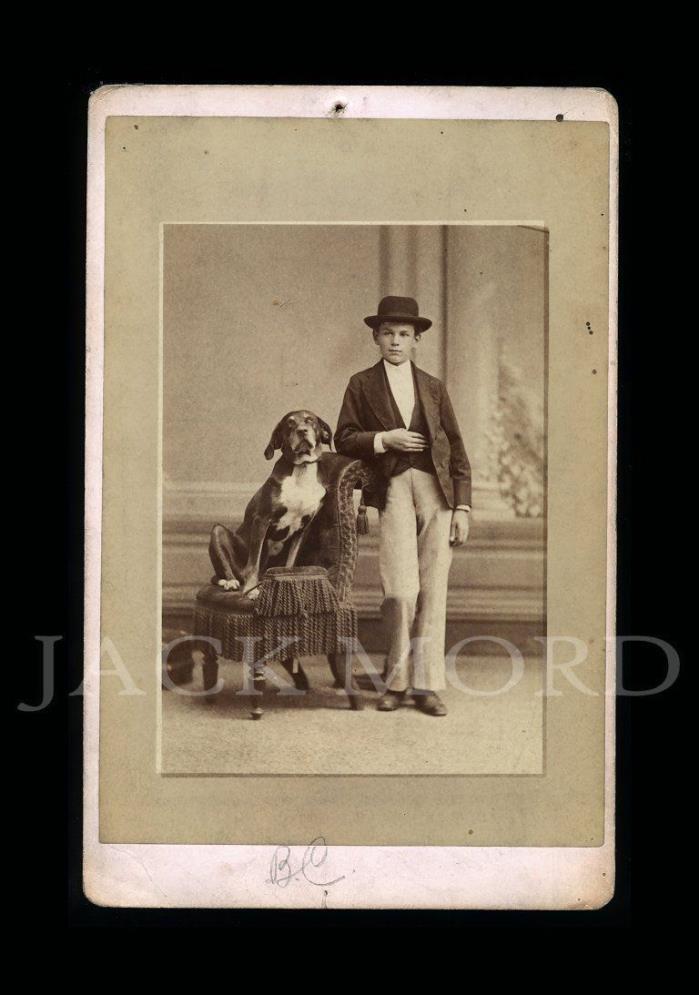 Antique 1870s Cabinet Card Photo ~ Indianapolis Photographer's Son & His Big Dog